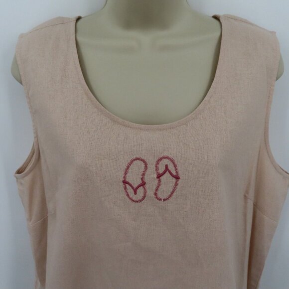 AKC Women Large Petite LP Pink Embroidered Flip Flops Linen Blend Tank Top Shirt - Picture 2 of 8